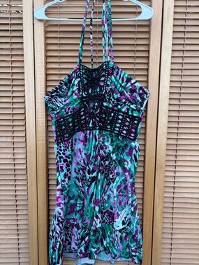 Susie Rose Vibrant Halter Dress in Teal, Purple & Black